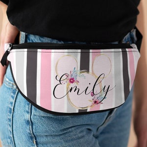 Striped Minnie Fanny Pack, Disney Fanny Pack, Minnie Ears Bag, Floral Pink Fanny Bag, Disney Waist Bag, Sling Bag, Cross Body Bag, Hip Bag