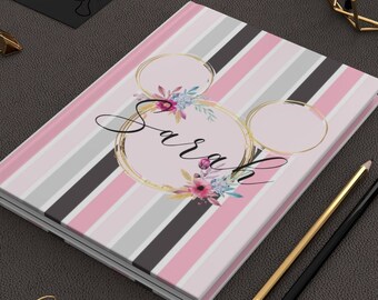 Diario de Minnie personalizado a rayas, cuaderno de tapa dura de Mickey Mouse, oficina de Disney, hogar de Disney, diario de Disney, regalo de Disney, cuaderno rosa