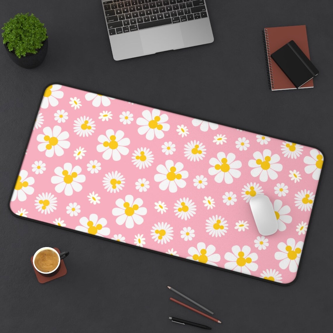 Girly Pink Daisy Desk Mat - Medium Size 27.6x13.8 Inch, PU Leather, Water Resistant For Office & Home
