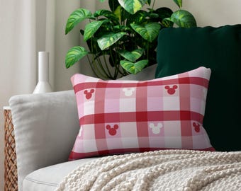 Mickey Checked Throw Pillow, Mickey Cushion, Disney Cushion, Minnie Pillow, Disney Home, Disney Living Accessories, Valentine's Decor, Red