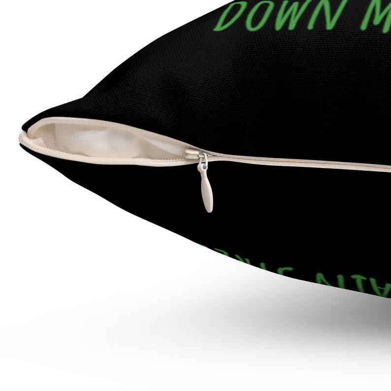 Puede incluir: Almohada negra con cierre de cremallera y texto verde que dice "Down with the patriarchy".