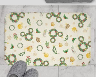Christmas Wreath Mickey Bath Mat, Anti-Slip Rug, Bathroom Decor, Home Decor, Bathroom Rug, Bathroom Collection, Hidden Mickey, Holidays