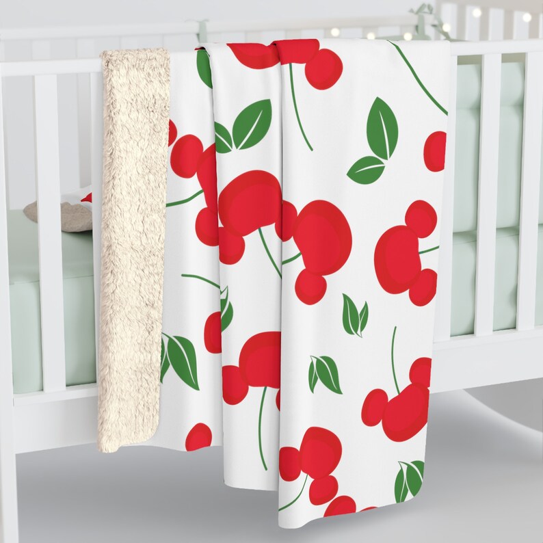 Mickey Cherries Blanket, Disney Sherpa Fleece Blanket, Couch Blanket, Minnie Mouse Throw, Disney Home Decor, Disney Gifts, Home Accessories image 3