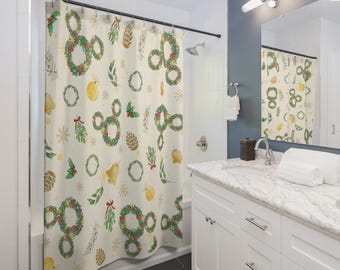 Mickey Wreath Shower Curtain, Mickey Christmas, Disney Home Décor, Mickey Bathroom, Bathroom Accessories, Disney Curtain, Subtle Mickey