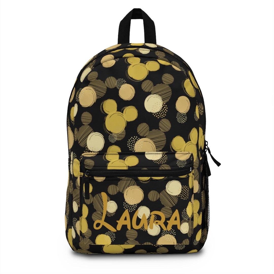 Personalized Disney Backpack, Disney School Bag, Polka Dot Black &gold