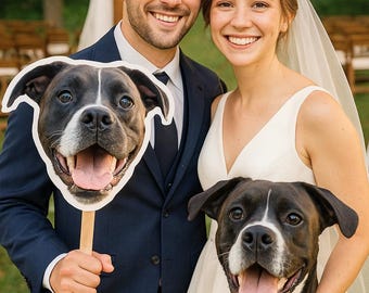Visage d'animal de compagnie personnalisé sur un bâton/accessoire de photomaton de fête de mariage, découpe de grosse tête de chien et de chat