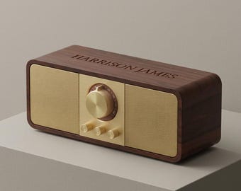 Altavoz Bluetooth vintage personalizado – Radio retro de madera personalizada – Monograma grabado – Sonido estilo radio de madera de nogal con detalles de latón