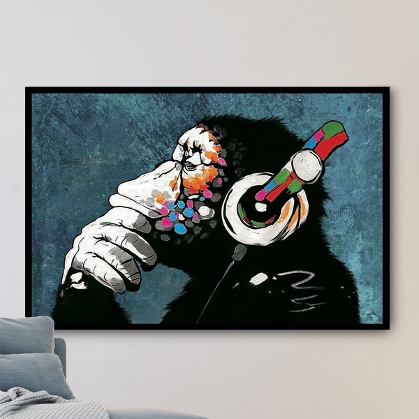 Wandbild Banksy DJ Monkey - Banksy Leinwandkunst - Banksy Leinwand Affe mit Kopfhörer - Bilder mit Rahmen groß - Leinwandbilder xxl -