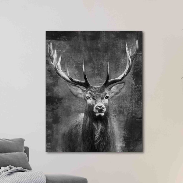 Wandbild Hirsch schwarz weiß - Hirsch Bild Hochformat - Leinwand Hirsch modern - Bilder mit Rahmen groß - Leinwandbilder xxl - Kunstdruck