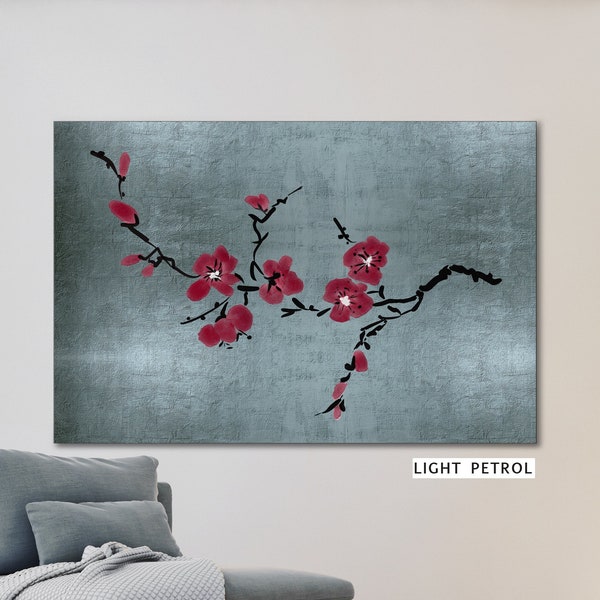 Japanische Wandkunst, Kirschblüten Bild, Leinwandbild minimalistisch, Wandbild petrol silber , Leinwandbilder xxl , Wandbilder Wohnzimmer