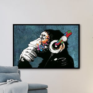 Wandbild Banksy DJ Monkey - Banksy Leinwandkunst - Banksy Leinwand Affe mit Kopfhörer - Bilder mit Rahmen groß - Leinwandbilder xxl -