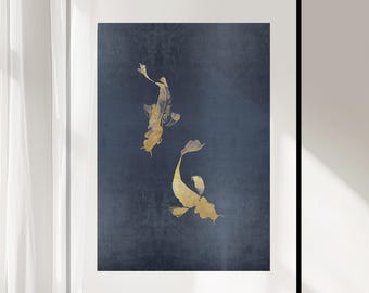 Koi fish picture - minimalist wall art print - Feng Shui mural blue gold - Japanese wall decoration - 0022