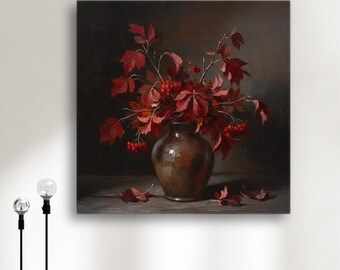 Canvas picture flower painting | Vintage painting flowers | Canvas print flowers vintage art print | Flower picture burgundy red brown I 0056