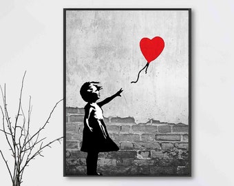 Banksy Streetart Kunst auf Leinwand - Banksy Bilder - Mädchen mit Ballon - Leinwandbilder Wohnzimmer -  Wandbild modern mit Rahmen oder ohne