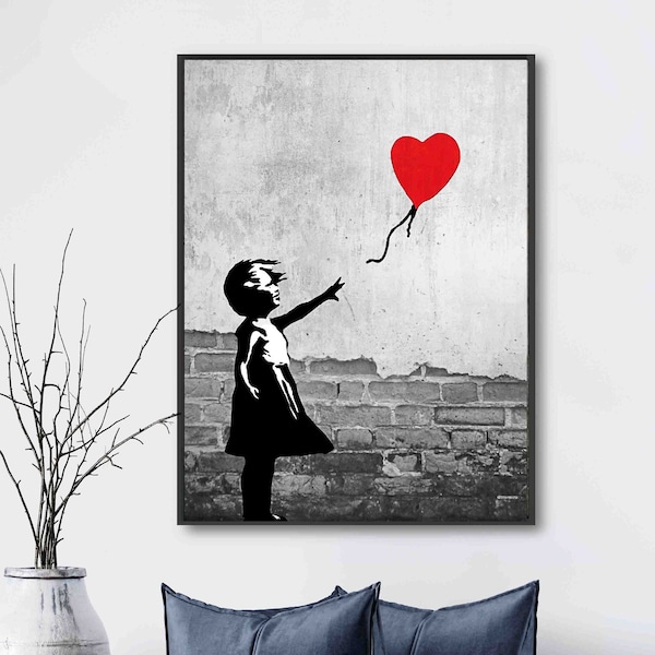 Banksy Streetart Kunst auf Leinwand - Banksy Bilder - Mädchen mit Ballon - Leinwandbilder Wohnzimmer -  Wandbild modern mit Rahmen oder ohne