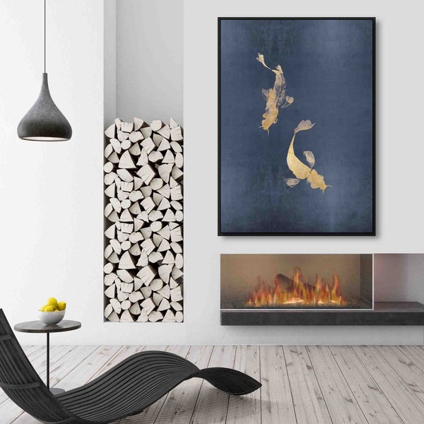 Leinwandbild Koi Fische - Bild blau gold minimalistisch - Wandbild japanisch - Japandi Wandbilder -  wabi Sabi japandi style - Bild xxl