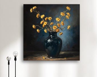Canvas print yellow flowers in a blue vase | Vintage flowers wall picture blue yellow | Wildflowers canvas print & art print flower vase I 0055
