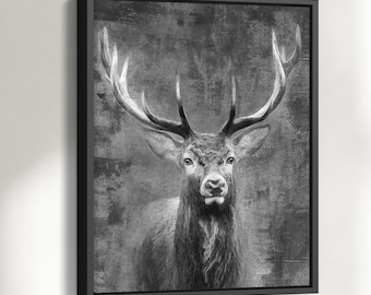 Canvas picture deer abstract black and white - wall decoration country house style - deer picture on canvas - wall picture living room with frame - 0019