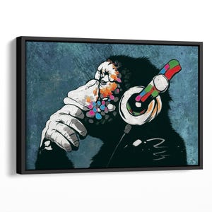 Banksy DJ Monkey Wall Art - Banksy Canvas Art - Banksy Canvas Monkey with Headphones - Large Framed Pictures - XXL Canvas Pictures - 0027