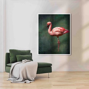 May include: A pink flamingo stands on one leg against a dark green background. The flamingo has a long neck and a long, thin beak. The background is textured and has a vintage look.