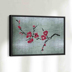 Arte murale giapponese, quadro con fiori di ciliegio I stampa su tela blu verde I quadro su tela con o senza cornice I quadro da parete per soggiorno I 0016