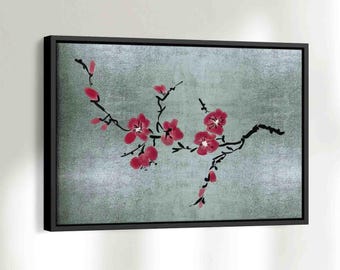 Japanese wall art, cherry blossom picture I canvas print blue green I canvas picture with or without frame I wall picture living room I 0016