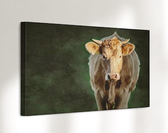 Canvas print cow green, cow picture on canvas, wall picture country house style, animal art canvas print, various formats up to 120 x 80 cm, 0005