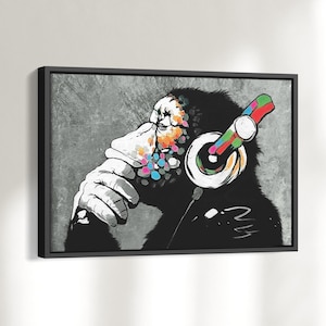 Banksy Canvas Print - DJ Monkey - Aap met koptelefoon - Kunstdruk met of zonder lijst - Street Art muurschildering voor woonkamer - 0027_sw