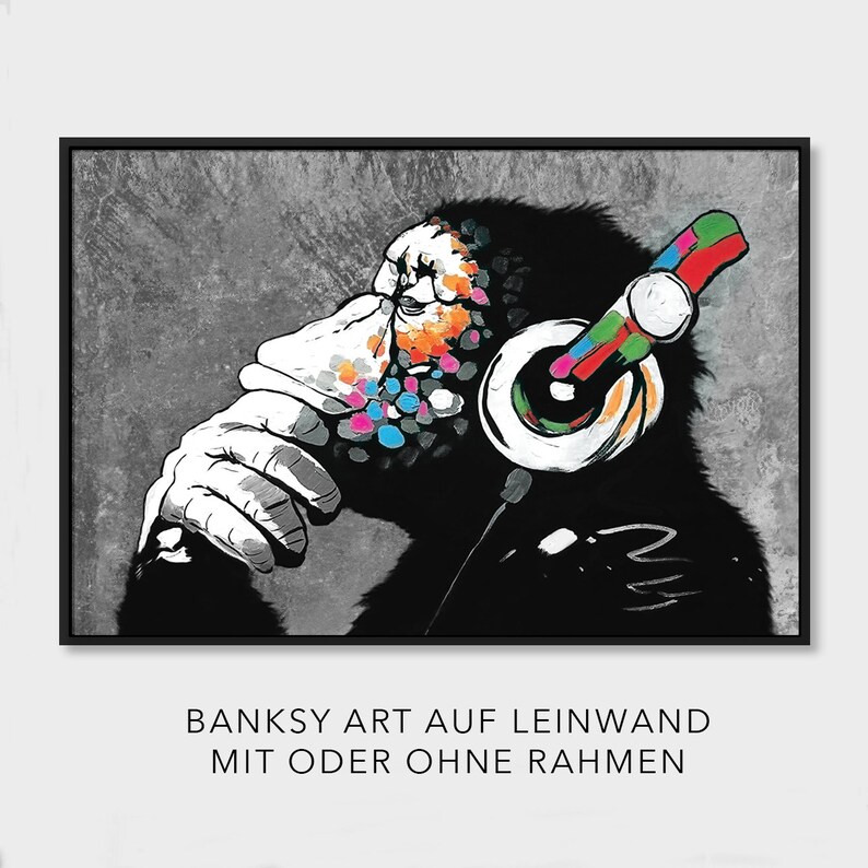 May include: A black and white illustration of a monkey wearing headphones with colorful accents. The monkey is thinking and has a thoughtful expression. The background is a gray textured surface.