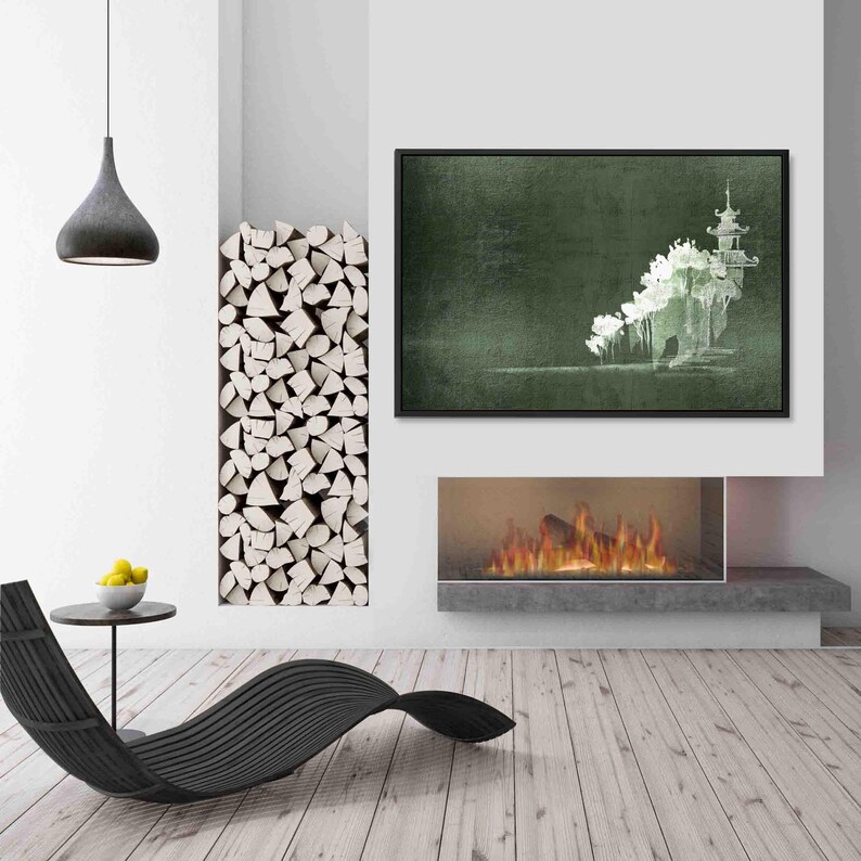 Minimalist Japanese-style canvas print | Abstract green wall art | Landscape format art print with or without frame | 0021 image 4