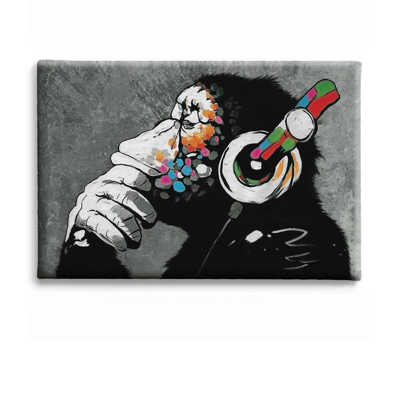 Banksy Canvas Print - DJ Monkey - Monkey with Headphones - Art Print with or without Frame - Street Art Mural for Living Room - 0027_sw Leinwand 2cm