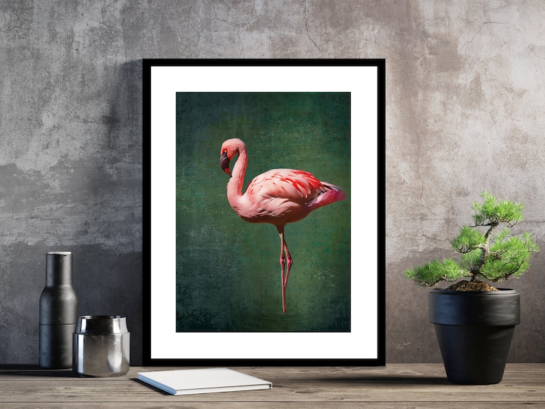May include: A pink flamingo stands on one leg against a green background. The flamingo has a long, thin neck and a long, thin beak. The background is a textured green with a faded look.