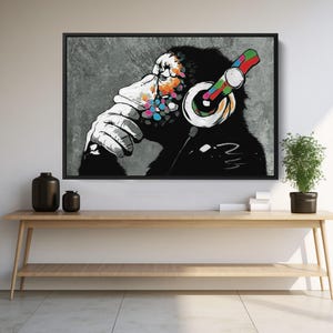 Banksy Canvas Print - DJ Monkey - Monkey with Headphones - Art Print with or without Frame - Street Art Mural for Living Room - 0027_sw image 9
