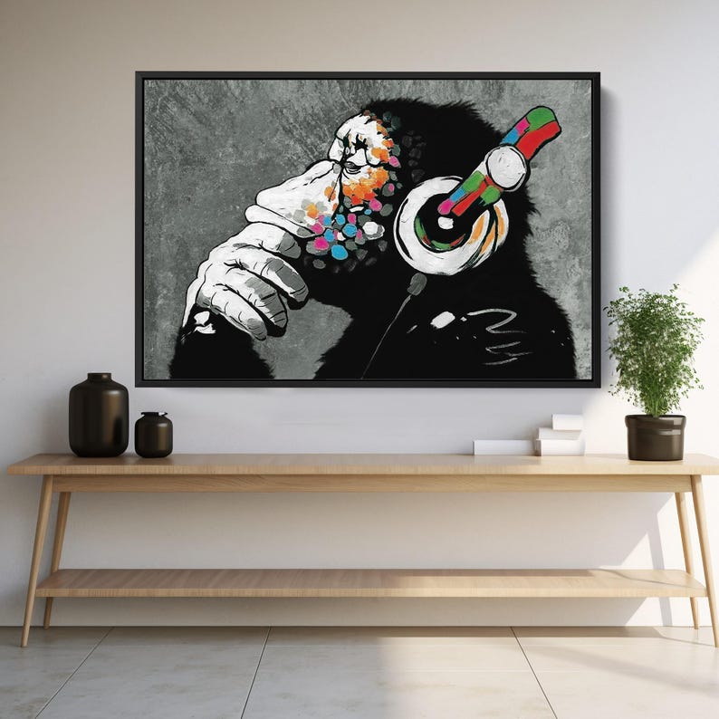 Banksy Canvas Print - DJ Monkey - Monkey with Headphones - Art Print with or without Frame - Street Art Mural for Living Room - 0027_sw image 9