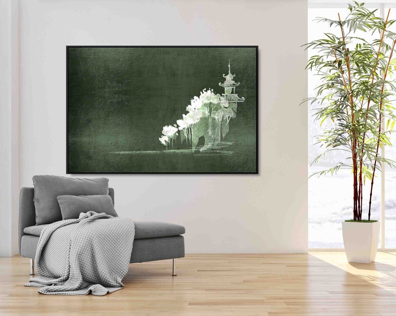 May include: A green watercolor painting of a pagoda with a white silhouette of trees and a white background.