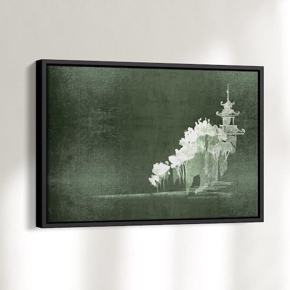 Minimalistischer Leinwanddruck im japanischen Stil | Abstraktes Wandbild in Grün | Querformat Kunstdruck mit oder ohne Rahmen | 0021