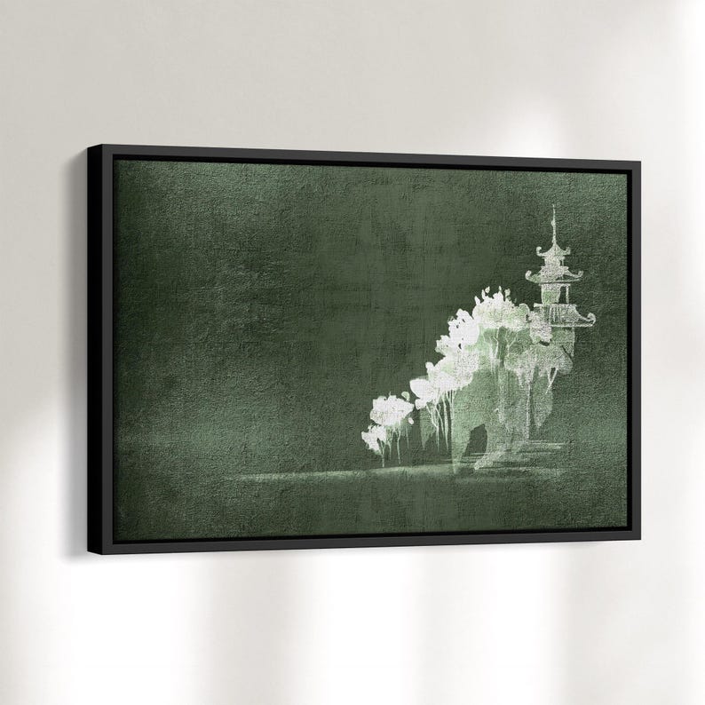 Minimalist Japanese-style canvas print | Abstract green wall art | Landscape format art print with or without frame | 0021 image 1