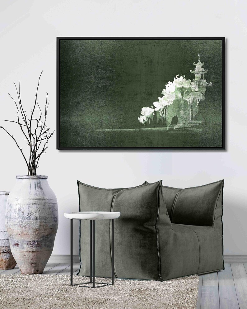 Minimalist Japanese-style canvas print | Abstract green wall art | Landscape format art print with or without frame | 0021 image 5