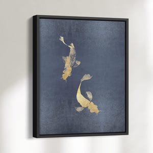 Quadro su tela Koi pesce blu e oro - Quadro moderno da parete per soggiorno grande - Tela Wabi Sabi - Quadro japandi con o senza cornice - 0022