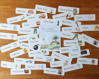 May include: A set of white cards with colorful illustrations and text. The cards feature activities for Catholic kids, such as "Rosary", "Adoration", "Make Bed", "Confession", "Mass", "Rest Time", "Practice", "Snack", "Get Dressed", "Outdoors", "Field Trip", "Errands", "Bedtime", "Family Prayer", "Parish Event", "Free Time", "Arts + Crafts", "Tidy Toys", "Game Night", "Morning Time", "Music Lesson", "HOLY HABITS for CATHOLIC KIDS", "Hosting", "Chores", "Library", "Read Aloud", "Brush Hair", "Tea Time", "Play Date", "Nature Walk", "Bathtime", "School", "TV Time", "Brush Teeth", "Lunch", "Dinner", "Breakfast".
