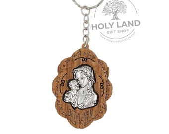 Olive wood with inset Madonna and Child Keychain