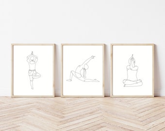 Printable One Line Yoga Art Bundle | Set of 3 Prints | Yoga Poses Minimalist | Abstract Wall Art