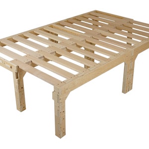 May include: A wooden bed frame with a slatted base and four legs. The frame is made of natural wood and has a simple, modern design.
