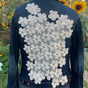 Women’s vintage floral lace lightly sparkly jacket flowers on denim