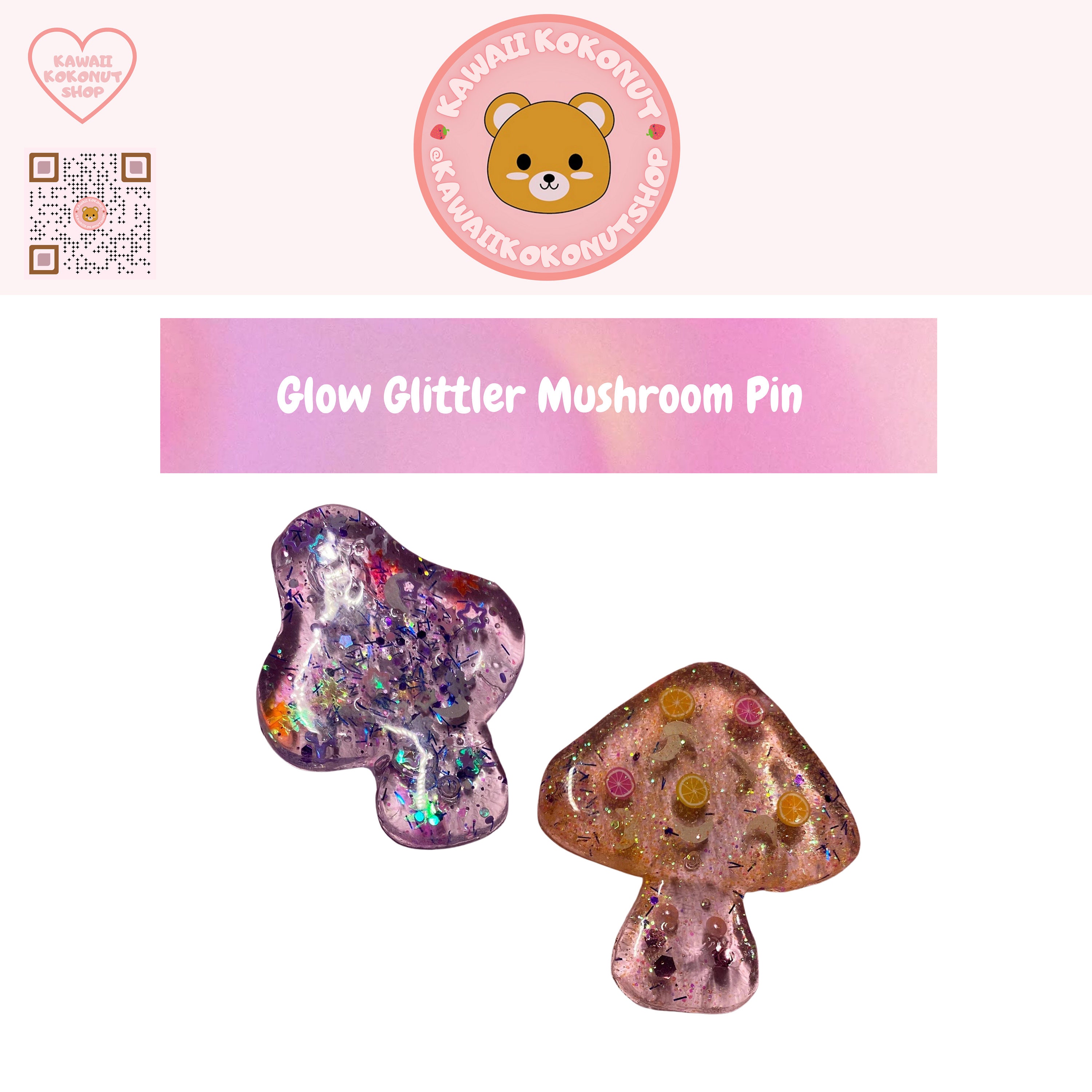 Mushroom Pin charm cute with glitter glows in the dark by Kawaiikokonutshop