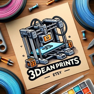 May include: Illustration of a 3D printer with the text "3DEAN PRINTS ETSY" on a tan background. The image is surrounded by spools of pink and blue filament, tools, and a small paint palette, suggesting a maker theme.