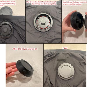 May include: A step-by-step guide showing how to attach a circular mounting plate to clothing. The process involves placing a backing plate inside the garment, aligning a main mount plate, sewing it in place, and screwing on a cover. The final image shows the completed attachment.