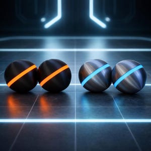 May include: Four spherical objects with diagonal illuminated bands. Two are black with orange bands, and two are silver with blue bands. The objects are on a dark surface with glowing lines, creating a futuristic aesthetic.