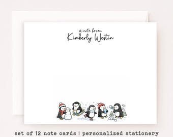 Personalized Penguin Christmas Note Cards • Custom Winter Penguin Stationery • Holiday Thank You Cards • Custom Name Set