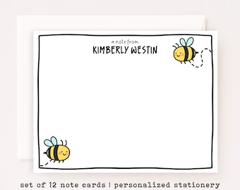 Juego de papelería de abeja personalizada • Tarjetas planas con nombre personalizado • Lindas tarjetas de agradecimiento de abeja • Papelería con monograma • Juego de 12